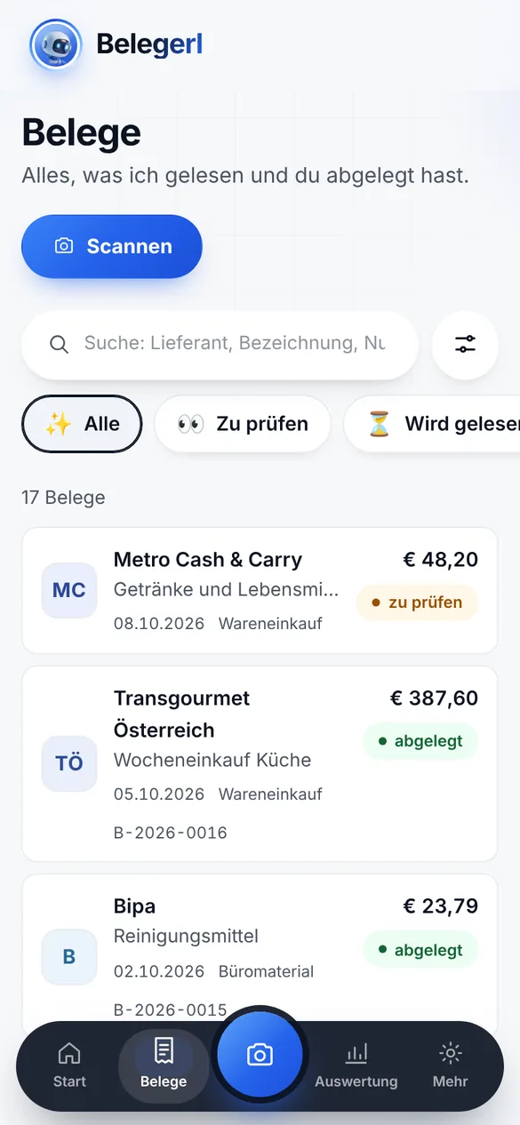 Belegerl-App: Liste der Belege mit Status zu prüfen und abgelegt