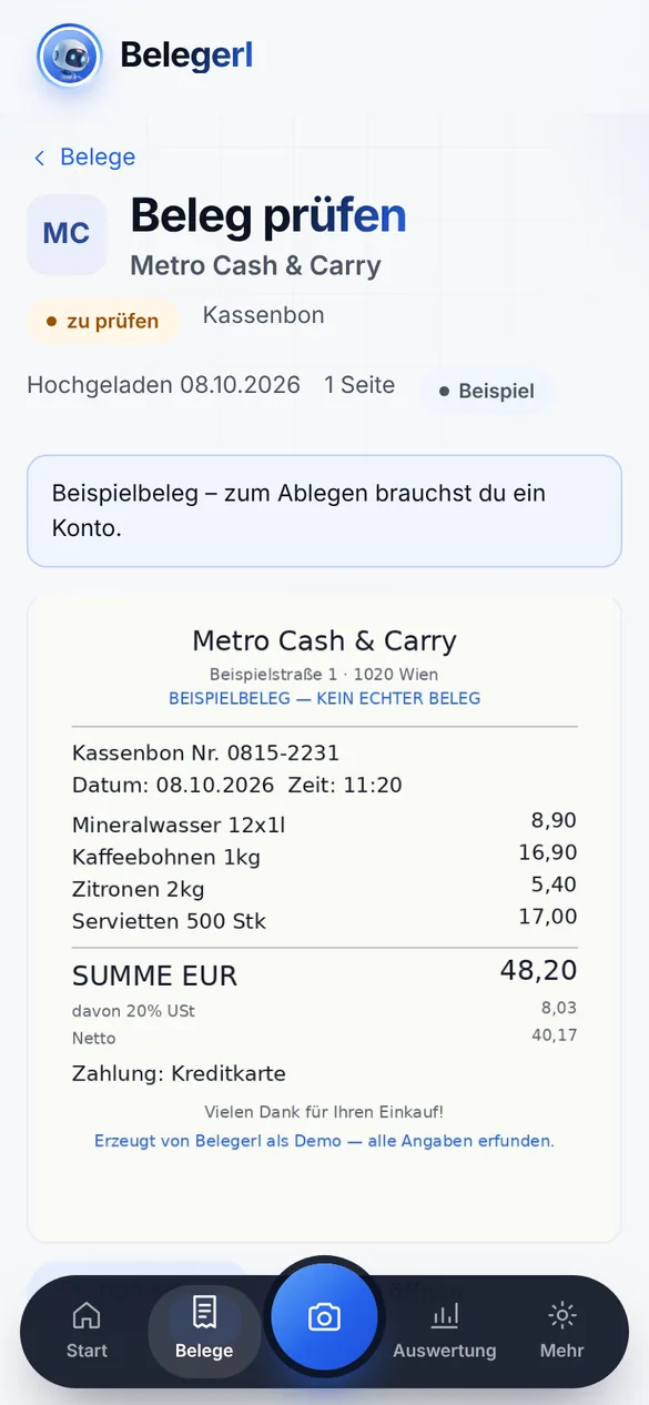 Belegerl-App: einen Kassenbon prüfen und ablegen